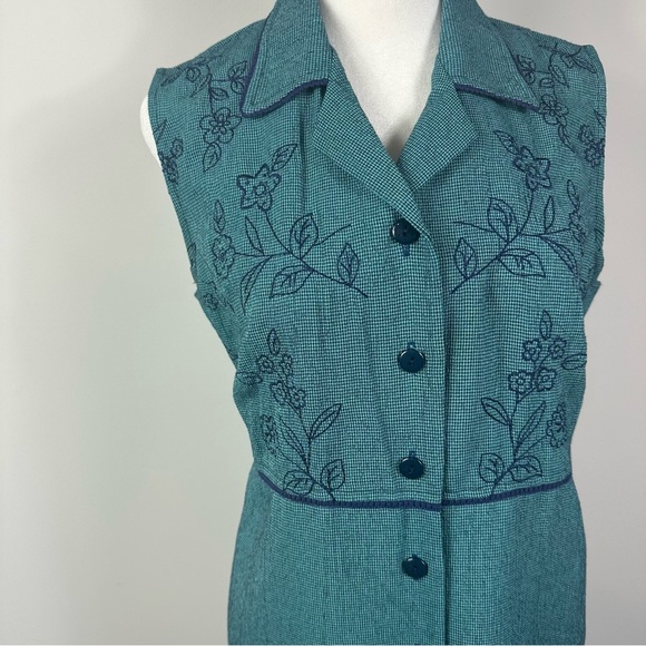 Melissa Harper Teal Navy Houndstooth Button Front Sleeveless Midi Dress Women’s - Picture 6 of 6